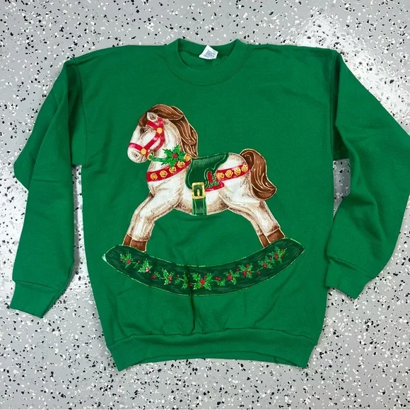 Tultex Green XL Rocking Horse Ugly Christmas Holiday Sweater Sweatshirt - Picture 3 of 15